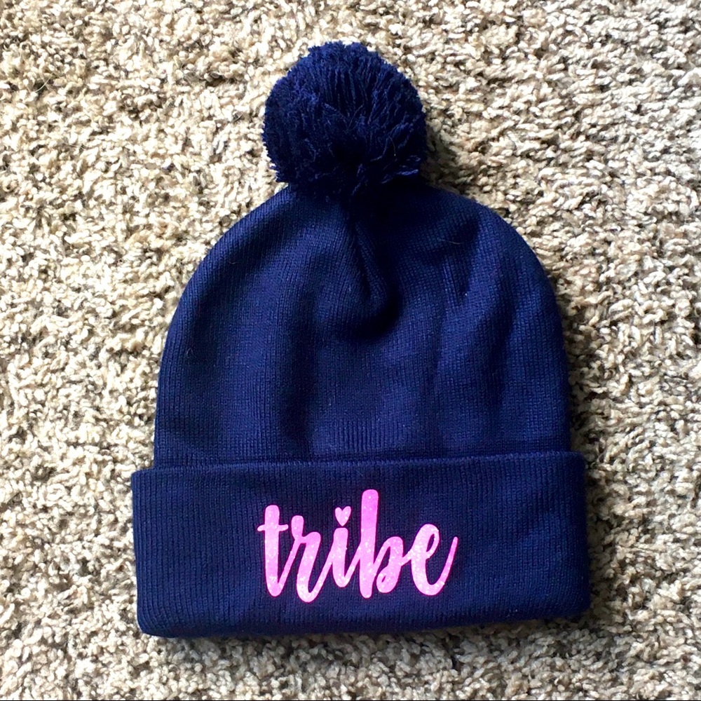 Navy blue hat with pink tribe writing
